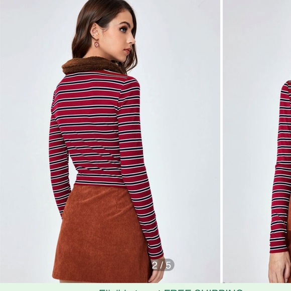 Womens Small Striped Print Zip Up T-Shirt red black white - Picture 5 of 12